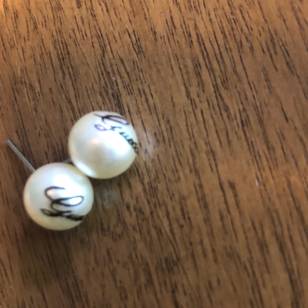 Guess White Pearl Stud Earrings with Signature Script